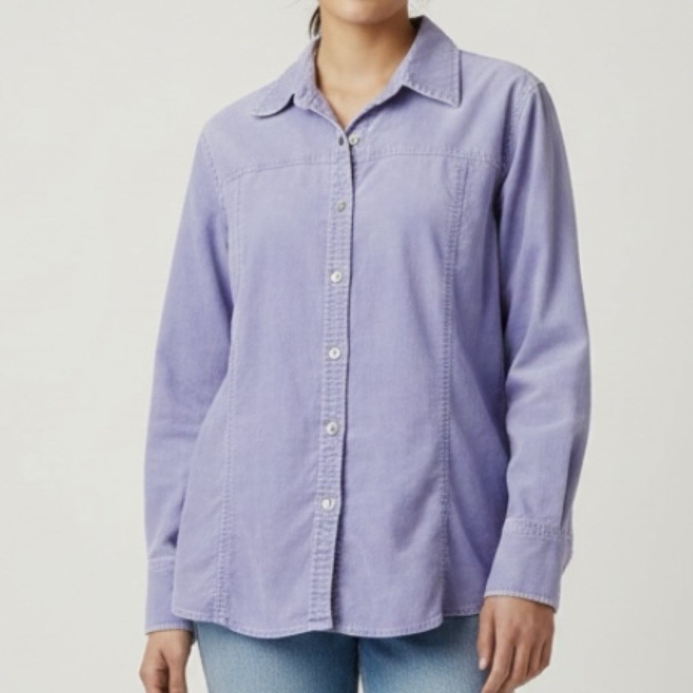 LL Bean Purple Velvet Long Sleeve Cotton Button Shirt Size LARGE